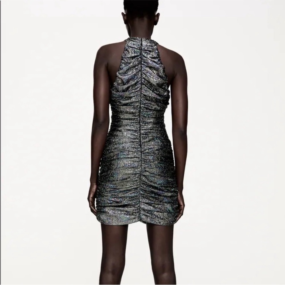Zara Black Rainbow Metallic Cross Neck Halter Ruched Mini Dress XS - Picture 3 of 16